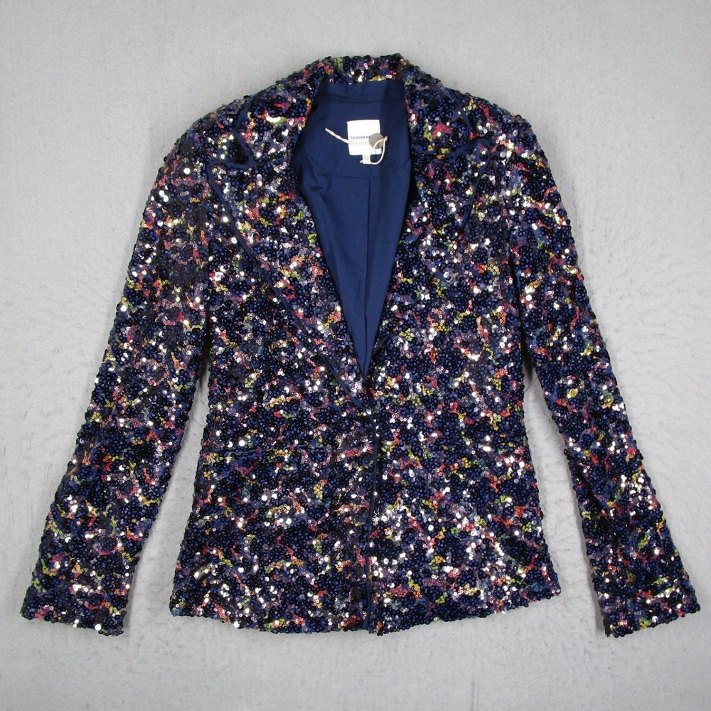 Silvian Heach Niki Sequin Blazer Jacket Navy Multicolor XS CVP20094GC New